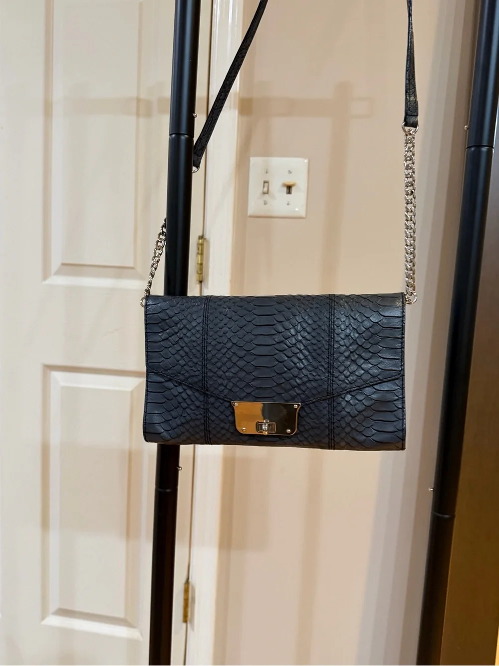 MILLY Charcoal Gray Snake-Embossed Leather Envelope Clutch with Silver *NWOT